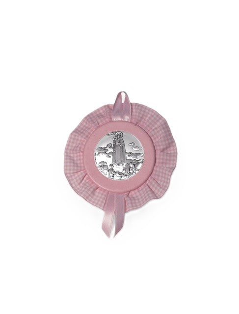 Sopraculla Rosa Tondo con Merletto e Placca in Argento Bilaminato con Madonna di Fatima