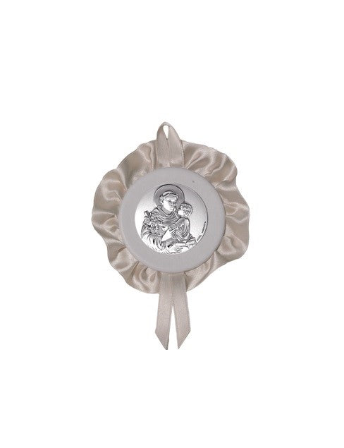 Sopraculla Avorio Tondo con Merletto e Placca in Argento Bilaminato con Sant'Antonio da Padova