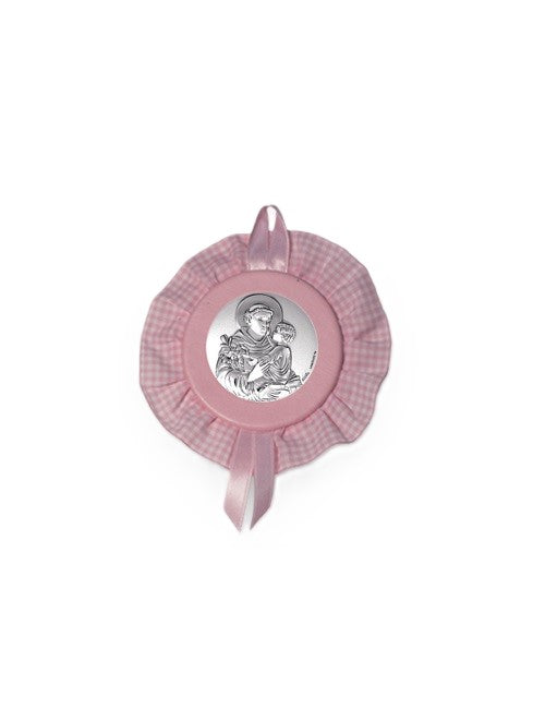 Sopraculla Rosa Tondo con Merletto e Placca in Argento Bilaminato con Sant'Antonio da Padova
