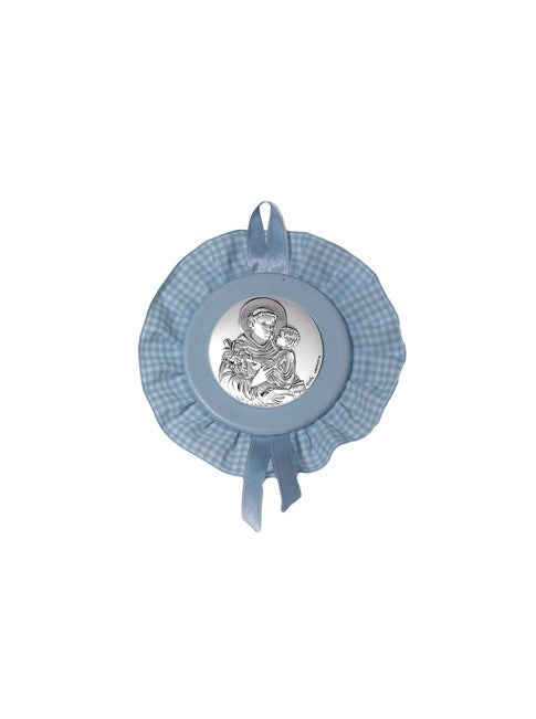 Sopraculla Azzurro Tondo con Merletto e Placca in Argento Bilaminato con Sant'Antonio da Padova