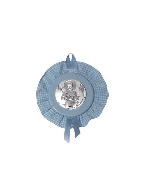 Sopraculla Azzurro Tondo con Merletto e Placca in Argento Bilaminato con San Francesco d'Assisi
