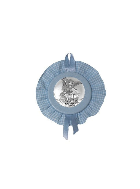 Sopraculla Azzurro Tondo con Merletto e Placca in Argento Bilaminato con San Michele Arcangelo
