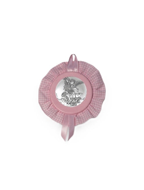 Sopraculla Rosa Tondo con Merletto e Placca in Argento Bilaminato con San Michele Arcangelo