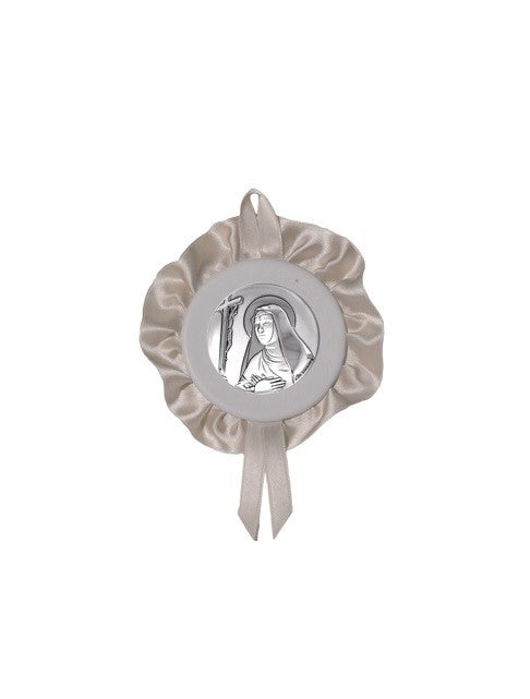 Sopraculla Avorio Tondo con Merletto e Placca in Argento Bilaminato con Santa Rita da Cascia