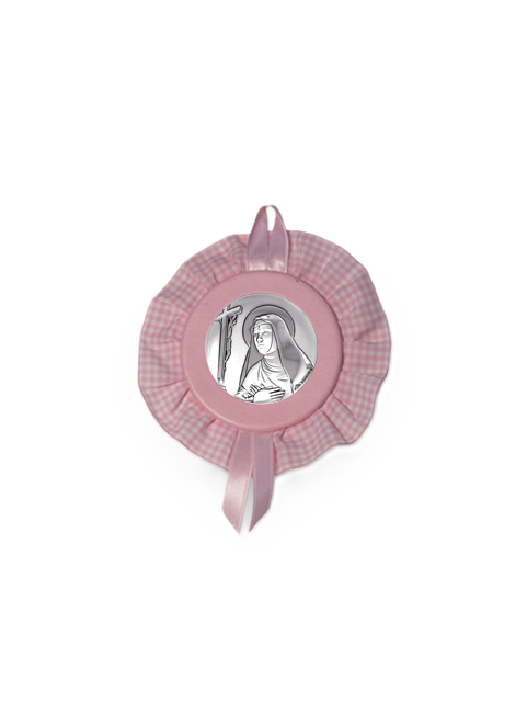Sopraculla Rosa Tondo con Merletto e Placca in Argento Bilaminato con Santa Rita da Cascia