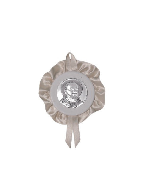 Sopraculla Avorio Tondo con Merletto e Placca in Argento Bilaminato con San Padre Pio da Pietrelcina