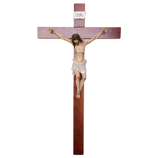 Crocifisso Croce in Legno 140 x 75 con Cristo 70 cm da Appendere in Resina