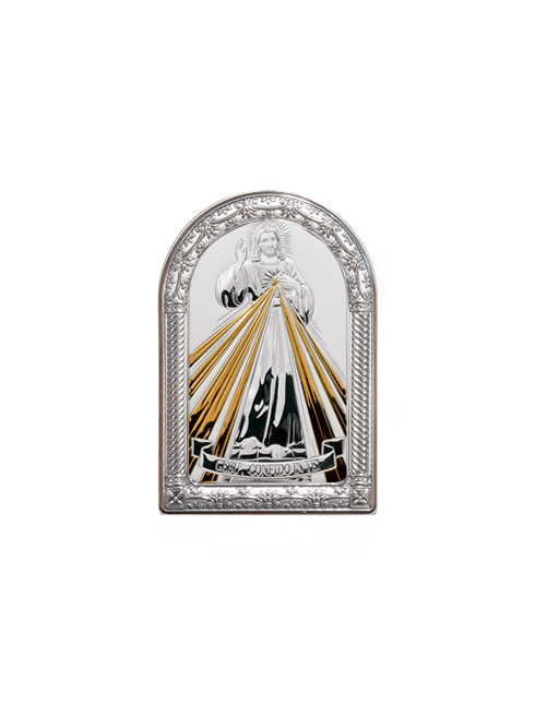 Quadretto Gesù Misericordioso con Placca in Bilaminato d'Argento 10 x 16 cm