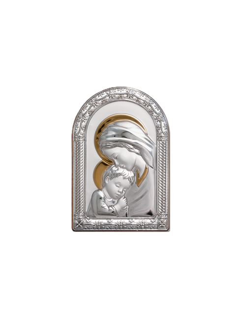 Quadretto Madonna con Bambino con Placca in Bilaminato d'Argento 10 x 16 cm