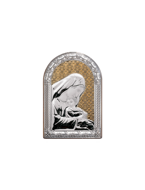 Quadretto Madonna con Bambino con Placca in Bilaminato d'Argento 10 x 16 cm