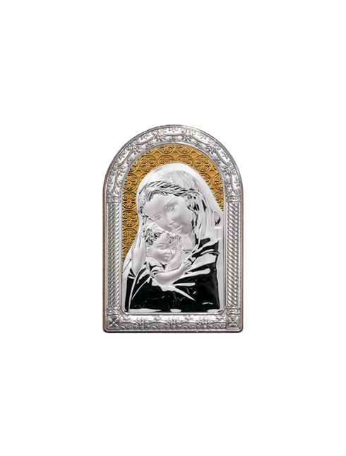 Quadretto Madonna con Bambino con Placca in Bilaminato d'Argento 10 x 16 cm