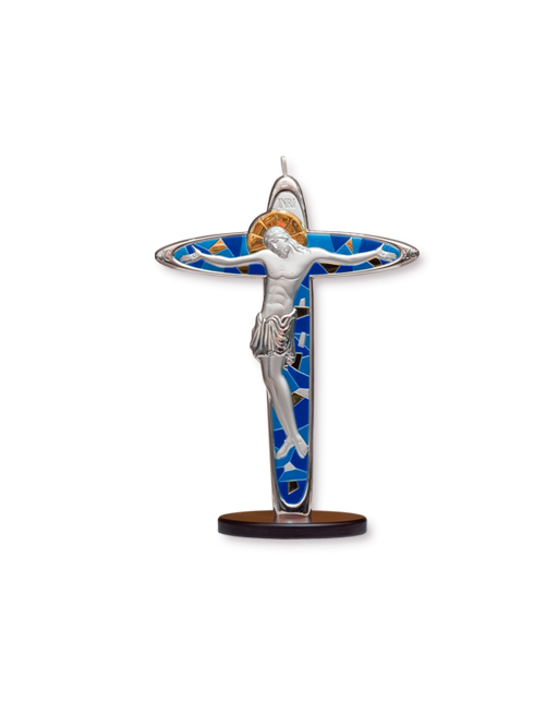 Crocifisso in Argento Bilaminato con Base in Legno