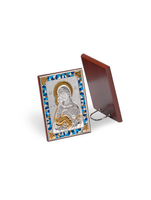 Quadretto Madonna con Bambino con Retro in Legno e Placca in Argento Bilaminato 8 x 11 cm