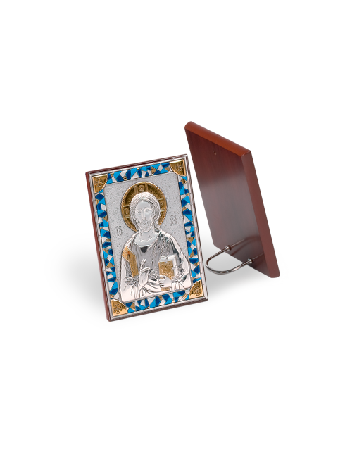 Quadretto Gesù Maestro con Retro in Legno e Placca in Argento Bilaminato 8 x 11 cm