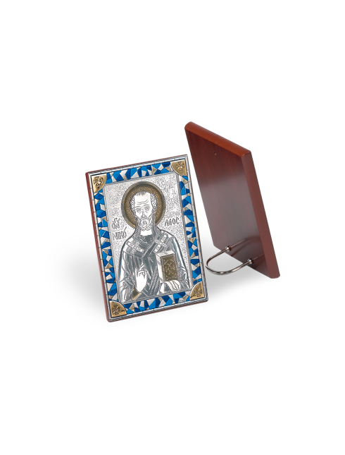 Quadretto San Nicola di Bari con Retro in Legno e Placca in Argento Bilaminato 8 x 11 cm