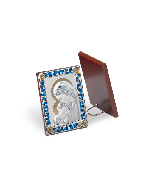 Quadretto Madonna con Bambino con Retro in Legno e Placca in Argento Bilaminato 8 x 11 cm