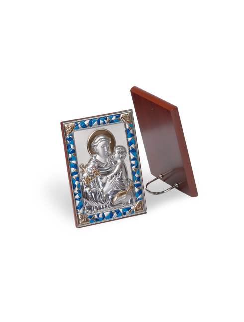 Quadretto Sant'Antonio da Padova con Retro in Legno e Placca in Argento Bilaminato 8 x 11 cm