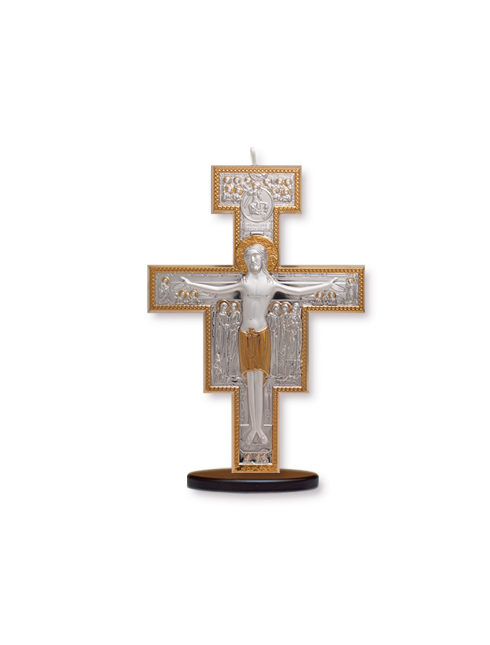Crocifisso in Argento Bilaminato con Base in Legno con Dettagli Color Oro