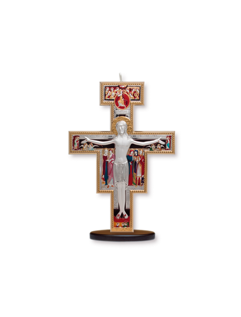 Crocifisso in Argento Bilaminato con Base in Legno con Dettagli Colorati