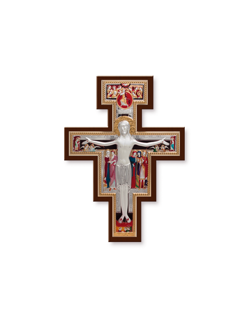 Crocifisso in Legno con Placca in Argento Bilaminato con Dettagli Colorati