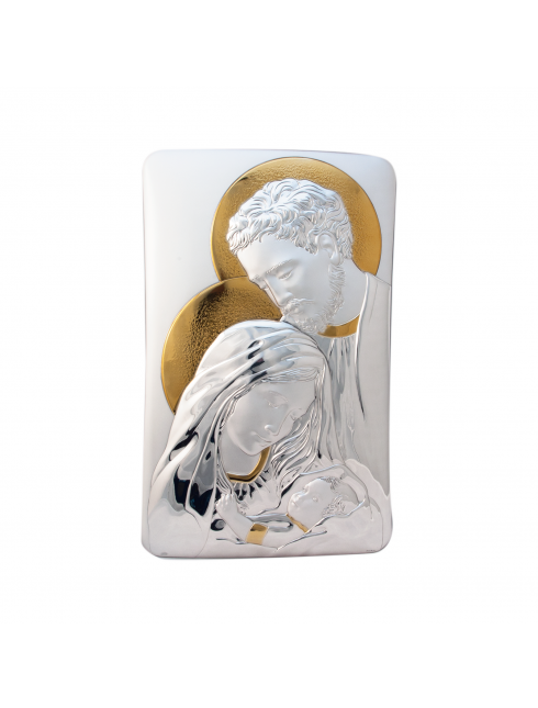 Quadro da Parete e da Appoggio Sacra Famiglia con Retro in Legno e Placca in Argento Bilaminato con Dettagli Dorati