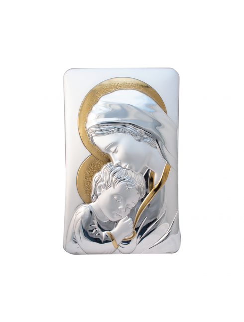 Quadro da Parete e da Appoggio Madonna con Bambino con Retro in Legno e Placca in Argento Bilaminato con Dettagli Dorati