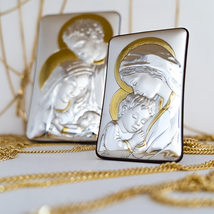 Quadro da Parete e da Appoggio Madonna con Bambino con Retro in Legno e Placca in Argento Bilaminato con Dettagli Dorati
