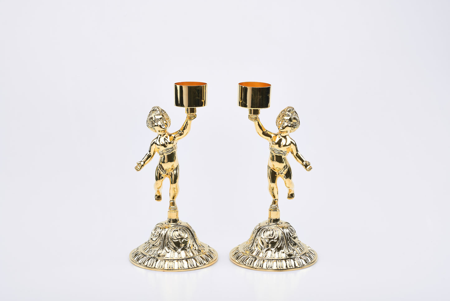 Coppia Candelieri da Mensa Putti in Ottone Dorato