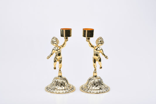 Coppia Candelieri da Mensa Putti in Ottone Dorato