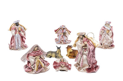 Set Statue Natività Presepe Completo 8 Pezzi in Resina Vestita in Stoffa 16 cm