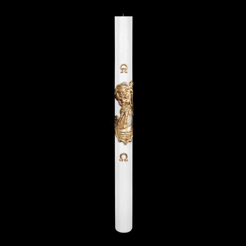 Cero Pasquale Bianco 80x1200 mm Decoro Bassorilievo Risorto con Anno Applicato e con Rinforzo