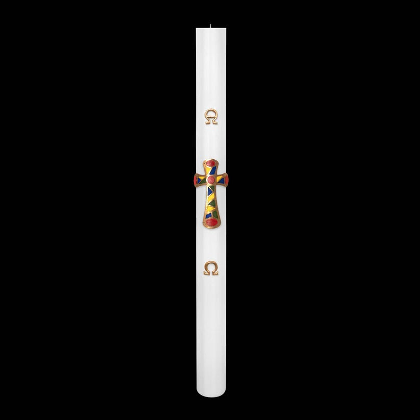 Cero Pasquale Bianco 80x1200 mm Decoro Bassorilievo Croce con Mosaico con Anno Applicato e con Rinforzo