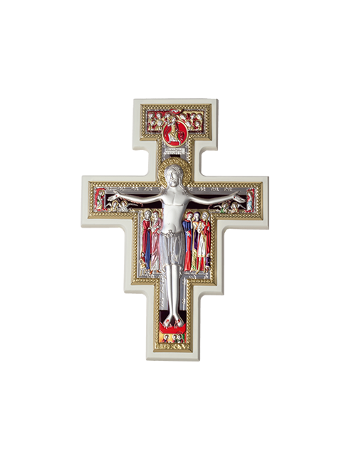 Crocifisso in Legno con Placca in Argento Bilaminato con Dettagli Colorati
