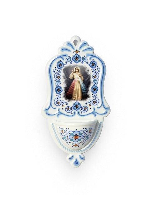 Acquasantiera Gesù Misericordioso in Polimero Effetto Ceramica 15 Centimetri