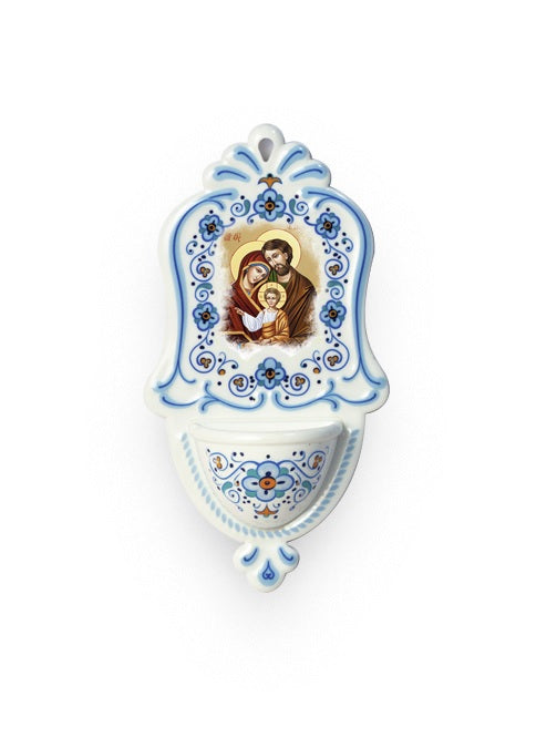 Acquasantiera Sacra Famiglia in Polimero Effetto Ceramica 15 Centimetri