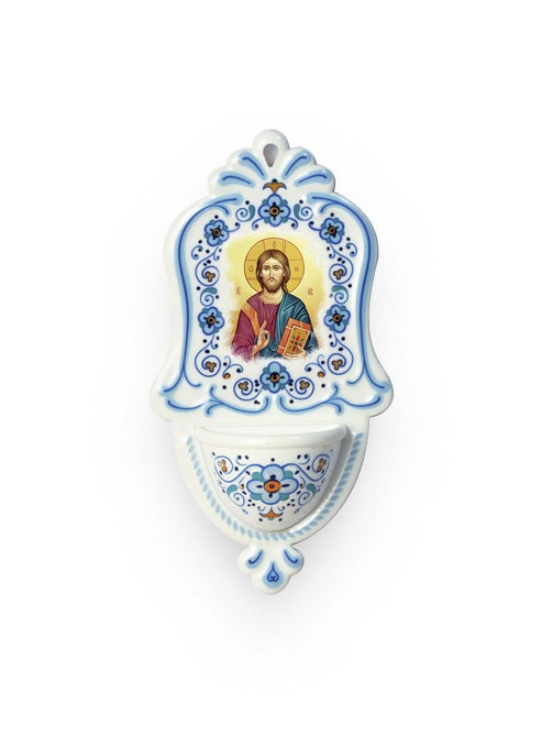 Acquasantiera Gesù Maestro in Polimero Effetto Ceramica 15 Centimetri