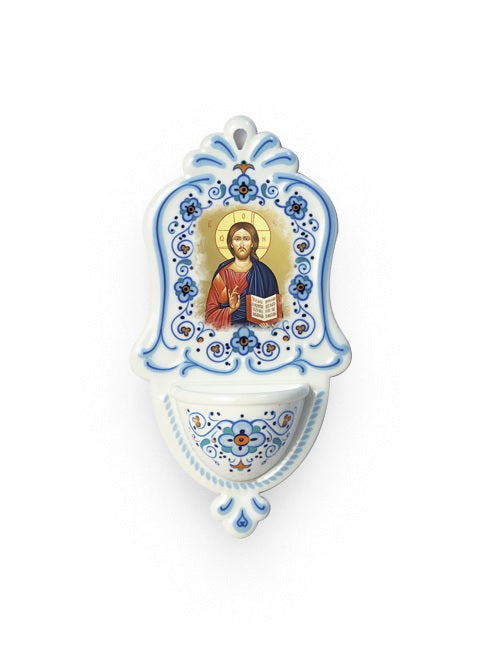 Acquasantiera Gesù Maestro in Polimero Effetto Ceramica 15 Centimetri