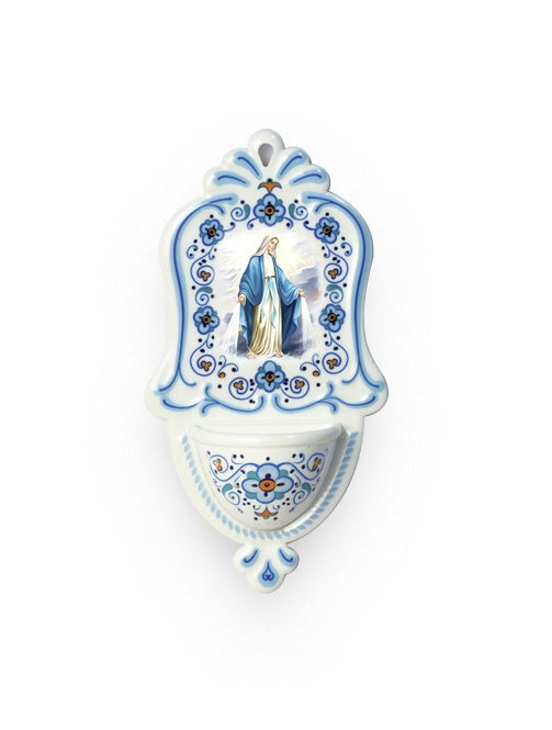 Acquasantiera Madonna Miracolosa in Polimero Effetto Ceramica 15 Centimetri
