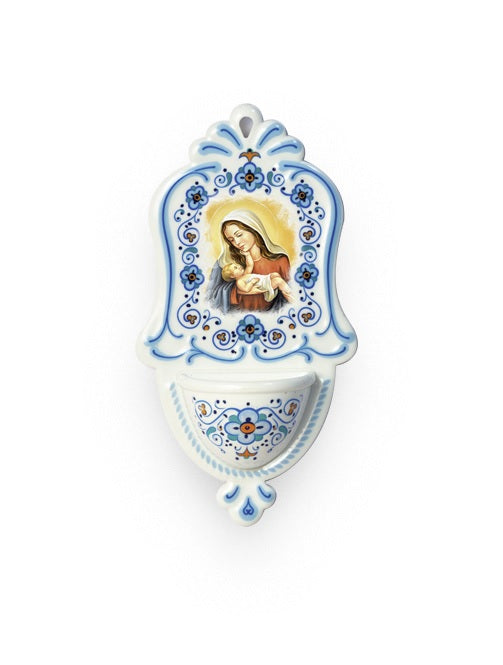 Acquasantiera Madonna con Bambino in Polimero Effetto Ceramica 15 Centimetri