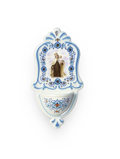 Acquasantiera Madonna del Carmine in Polimero Effetto Ceramica 15 Centimetri