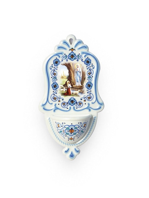 Acquasantiera Madonna di Lourdes in Polimero Effetto Ceramica 15 Centimetri