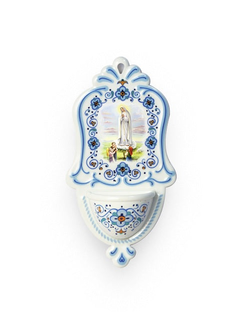 Acquasantiera Madonna di Fatima in Polimero Effetto Ceramica 15 Centimetri