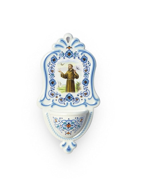 Acquasantiera San Francesco d'Assisi in Polimero Effetto Ceramica 15 Centimetri