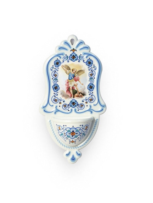 Acquasantiera San Michele Arcangelo in Polimero Effetto Ceramica 15 Centimetri