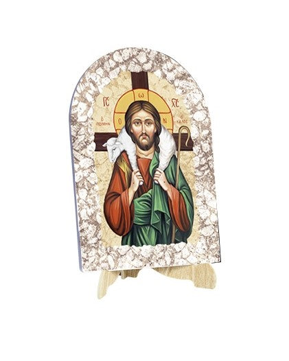 Quadro Gesù Buon Pastore Effetto Pietra Dipinta con Soggetto a Stampa e Supporto