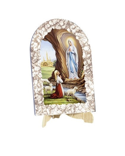 Quadro Madonna di Lourdes Effetto Pietra Dipinta con Soggetto a Stampa e Supporto