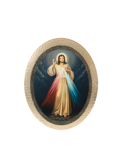 Quadro Ovale Gesù Misericordioso in Polimero Effetto Legno Sfaccettato