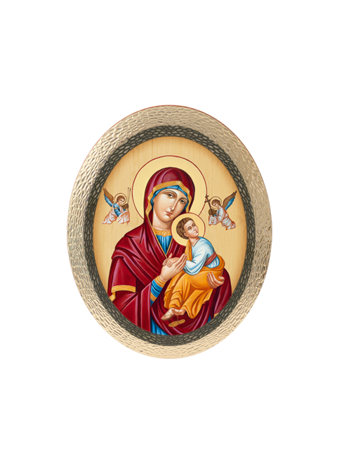 Quadro Ovale Bizantino Madonna con Bambino in Polimero Effetto Legno Sfaccettato