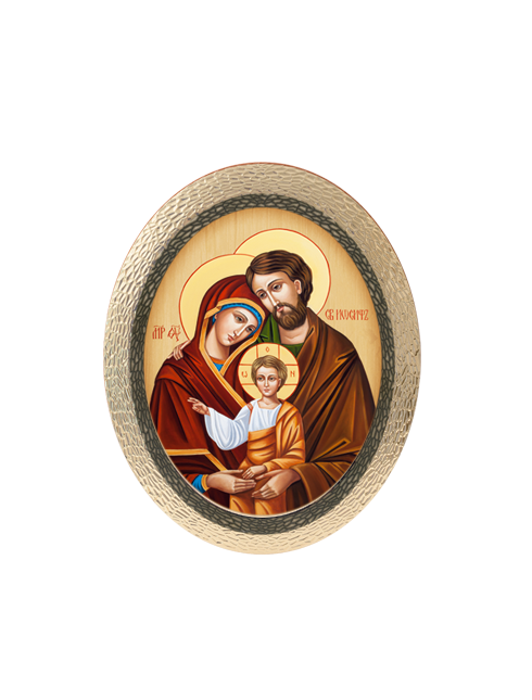 Quadro Ovale Bizantino Sacra Famiglia in Polimero Effetto Legno Sfaccettato