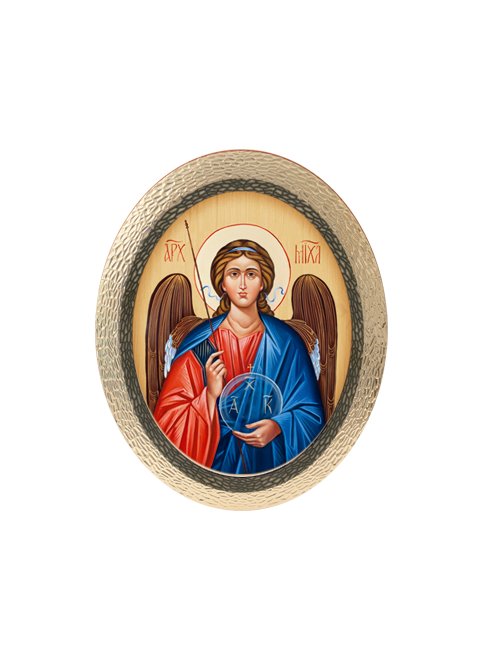 Quadro Ovale Bizantino Angelo Custode in Polimero Effetto Legno Sfaccettato